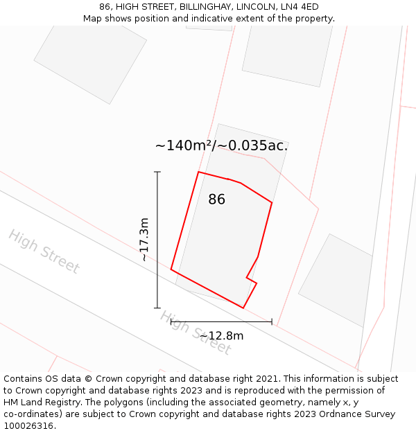 86, HIGH STREET, BILLINGHAY, LINCOLN, LN4 4ED: Plot and title map