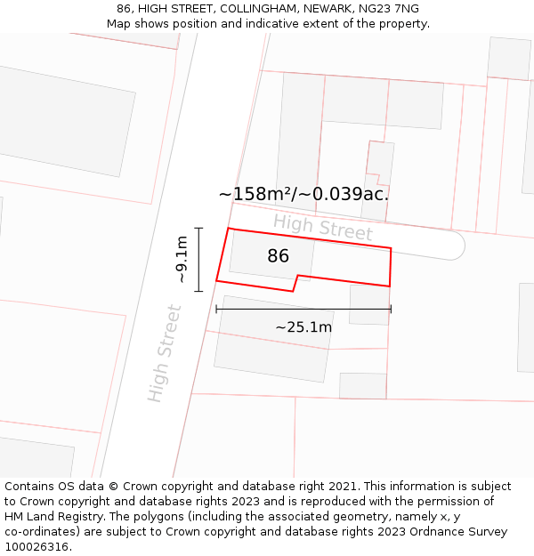 86, HIGH STREET, COLLINGHAM, NEWARK, NG23 7NG: Plot and title map