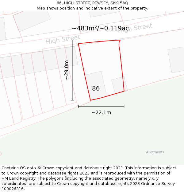 86, HIGH STREET, PEWSEY, SN9 5AQ: Plot and title map