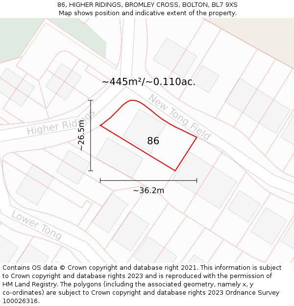 86, HIGHER RIDINGS, BROMLEY CROSS, BOLTON, BL7 9XS: Plot and title map