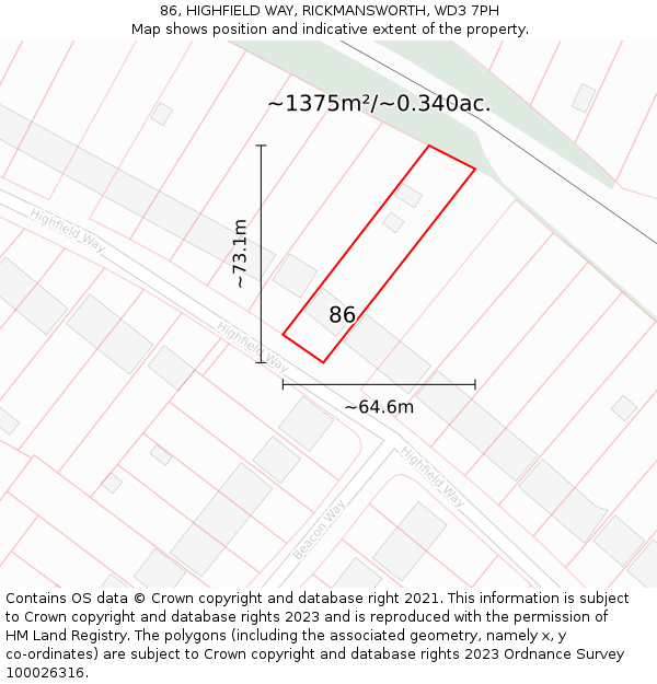 86, HIGHFIELD WAY, RICKMANSWORTH, WD3 7PH: Plot and title map