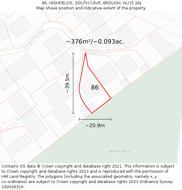 86, HIGHFIELDS, SOUTH CAVE, BROUGH, HU15 2AJ: Plot and title map