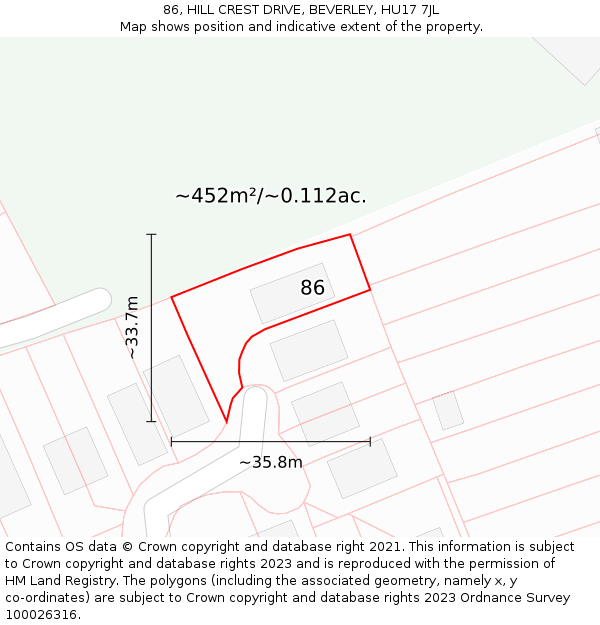 86, HILL CREST DRIVE, BEVERLEY, HU17 7JL: Plot and title map