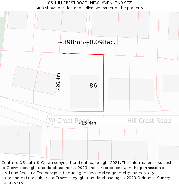 86, HILLCREST ROAD, NEWHAVEN, BN9 9EZ: Plot and title map