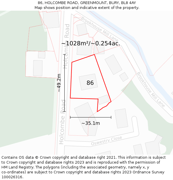 86, HOLCOMBE ROAD, GREENMOUNT, BURY, BL8 4AY: Plot and title map