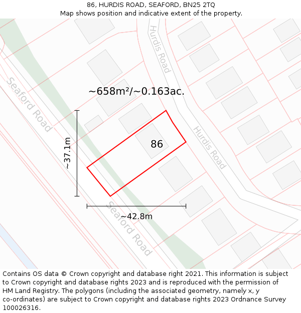 86, HURDIS ROAD, SEAFORD, BN25 2TQ: Plot and title map