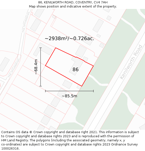 86, KENILWORTH ROAD, COVENTRY, CV4 7AH: Plot and title map