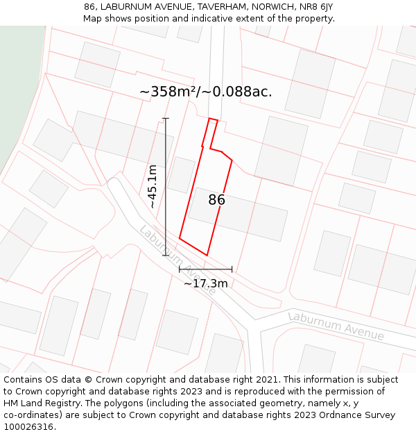 86, LABURNUM AVENUE, TAVERHAM, NORWICH, NR8 6JY: Plot and title map