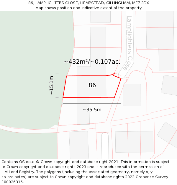 86, LAMPLIGHTERS CLOSE, HEMPSTEAD, GILLINGHAM, ME7 3DX: Plot and title map