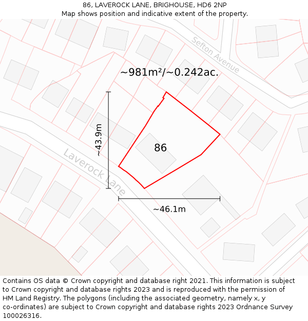 86, LAVEROCK LANE, BRIGHOUSE, HD6 2NP: Plot and title map