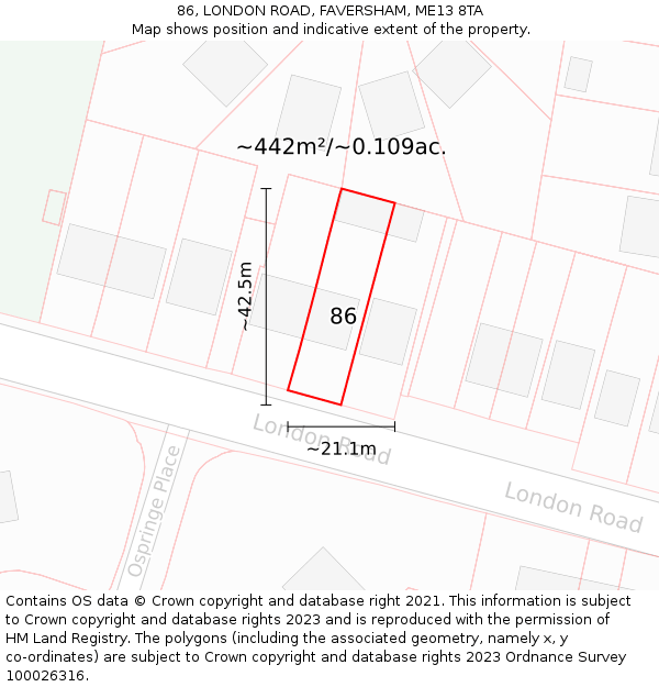 86, LONDON ROAD, FAVERSHAM, ME13 8TA: Plot and title map