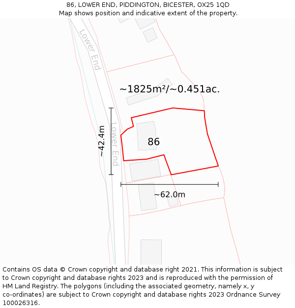 86, LOWER END, PIDDINGTON, BICESTER, OX25 1QD: Plot and title map