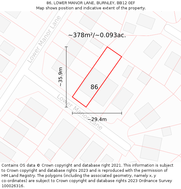 86, LOWER MANOR LANE, BURNLEY, BB12 0EF: Plot and title map