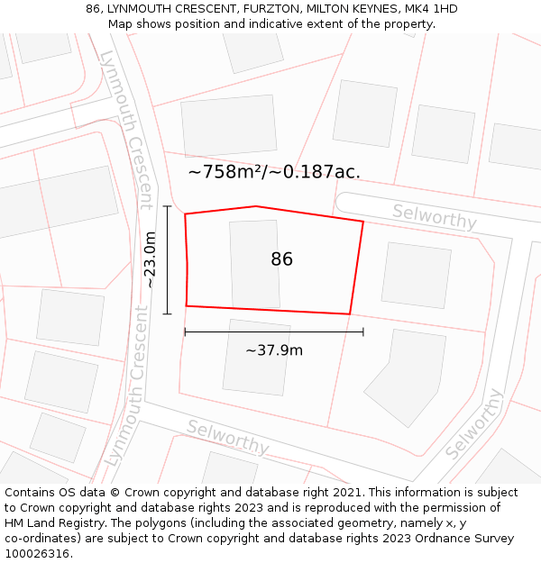 86, LYNMOUTH CRESCENT, FURZTON, MILTON KEYNES, MK4 1HD: Plot and title map