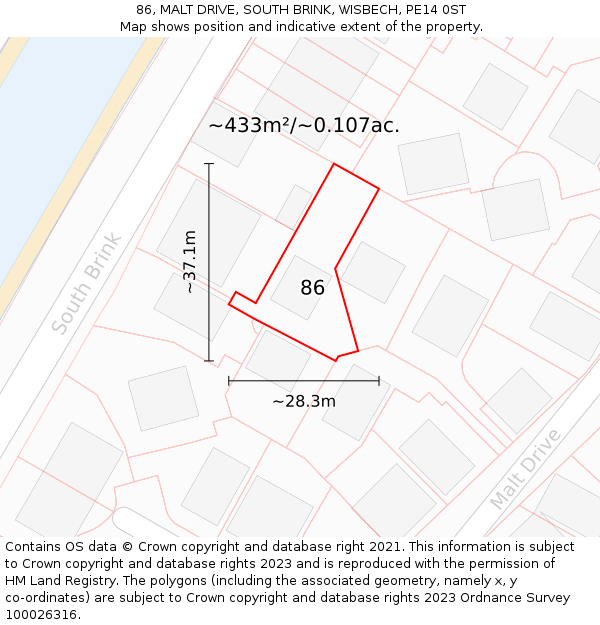 86, MALT DRIVE, SOUTH BRINK, WISBECH, PE14 0ST: Plot and title map