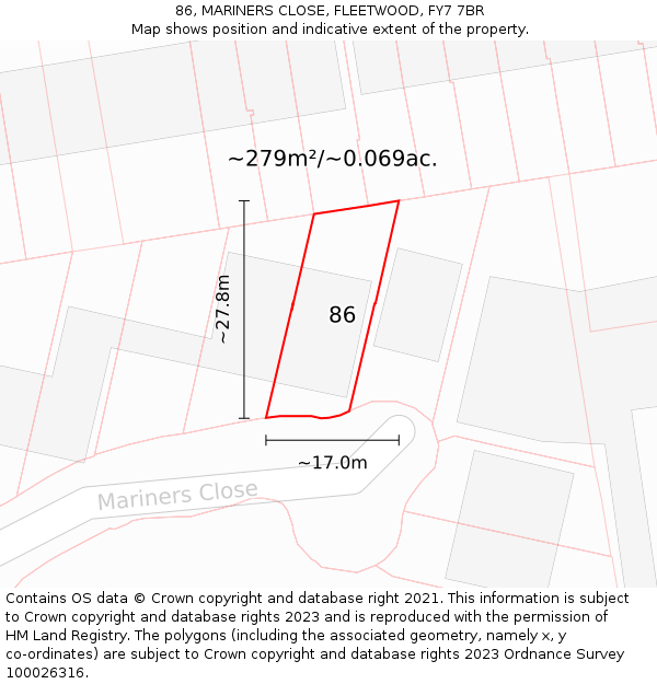 86, MARINERS CLOSE, FLEETWOOD, FY7 7BR: Plot and title map