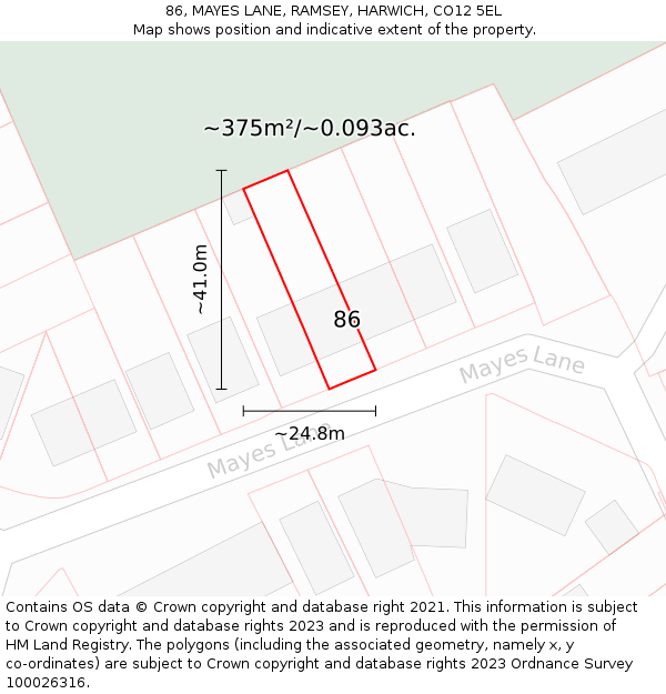 86, MAYES LANE, RAMSEY, HARWICH, CO12 5EL: Plot and title map