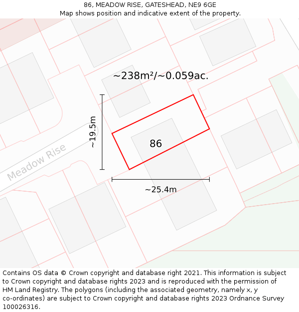 86, MEADOW RISE, GATESHEAD, NE9 6GE: Plot and title map