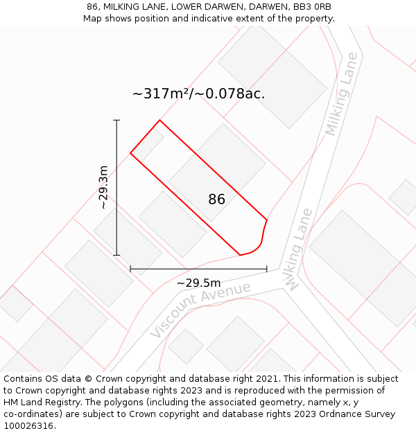 86, MILKING LANE, LOWER DARWEN, DARWEN, BB3 0RB: Plot and title map