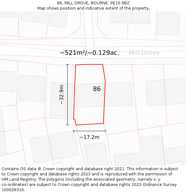 86, MILL DROVE, BOURNE, PE10 9BZ: Plot and title map