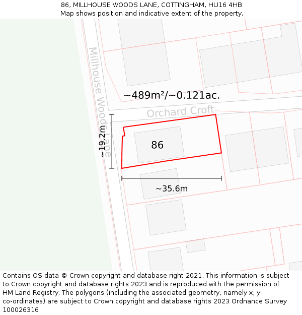 86, MILLHOUSE WOODS LANE, COTTINGHAM, HU16 4HB: Plot and title map