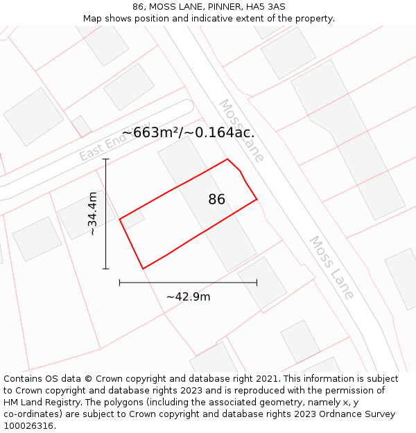 86, MOSS LANE, PINNER, HA5 3AS: Plot and title map