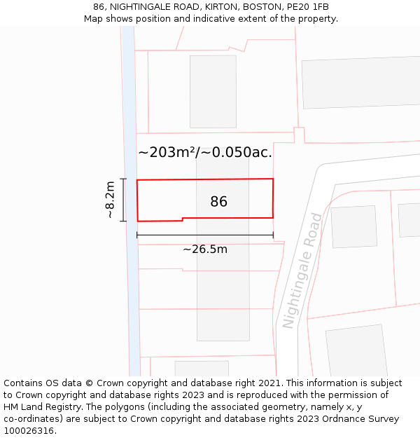 86, NIGHTINGALE ROAD, KIRTON, BOSTON, PE20 1FB: Plot and title map