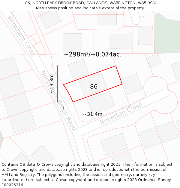 86, NORTH PARK BROOK ROAD, CALLANDS, WARRINGTON, WA5 9SN: Plot and title map