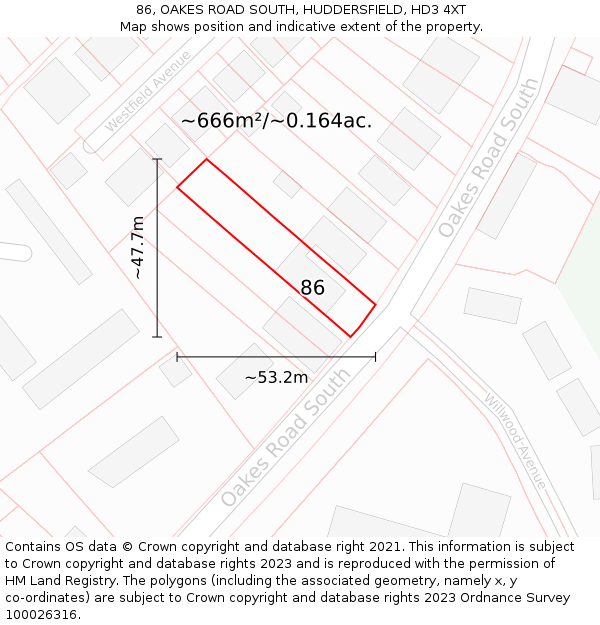 86, OAKES ROAD SOUTH, HUDDERSFIELD, HD3 4XT: Plot and title map