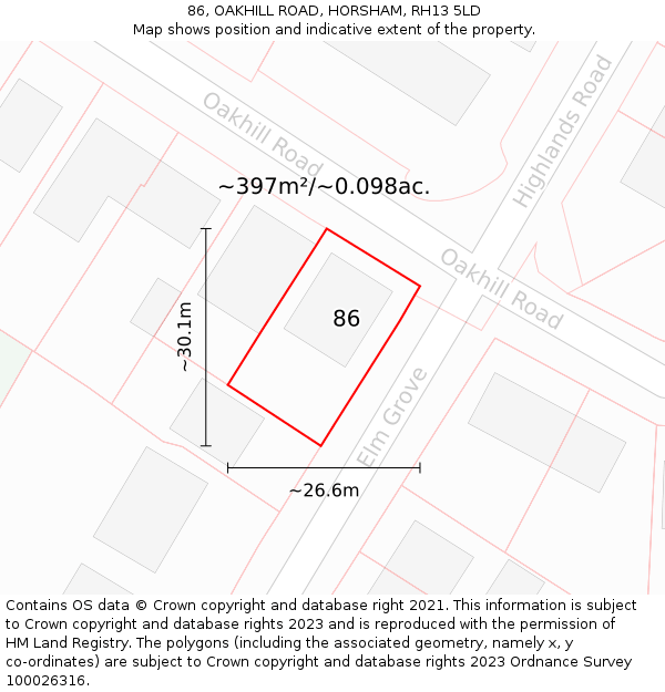 86, OAKHILL ROAD, HORSHAM, RH13 5LD: Plot and title map