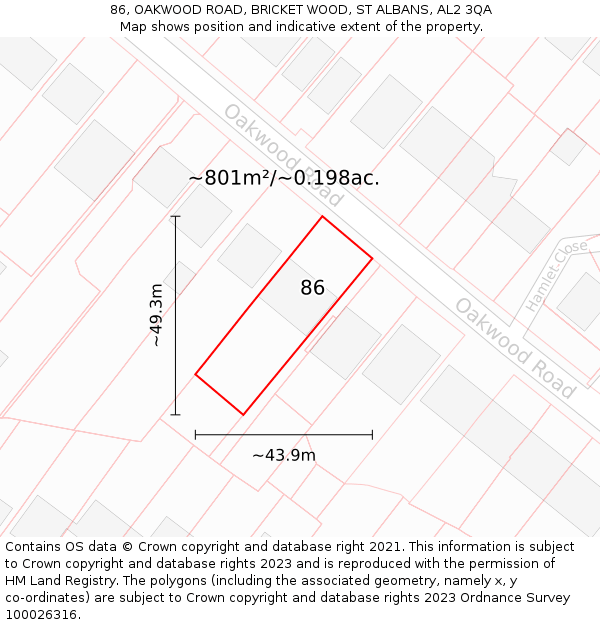 86, OAKWOOD ROAD, BRICKET WOOD, ST ALBANS, AL2 3QA: Plot and title map