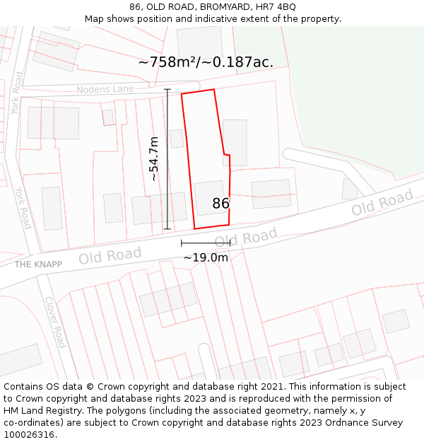 86, OLD ROAD, BROMYARD, HR7 4BQ: Plot and title map