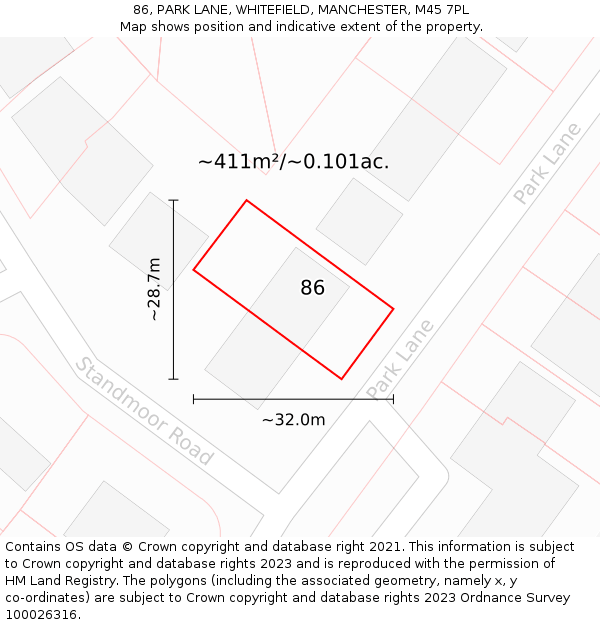 86, PARK LANE, WHITEFIELD, MANCHESTER, M45 7PL: Plot and title map