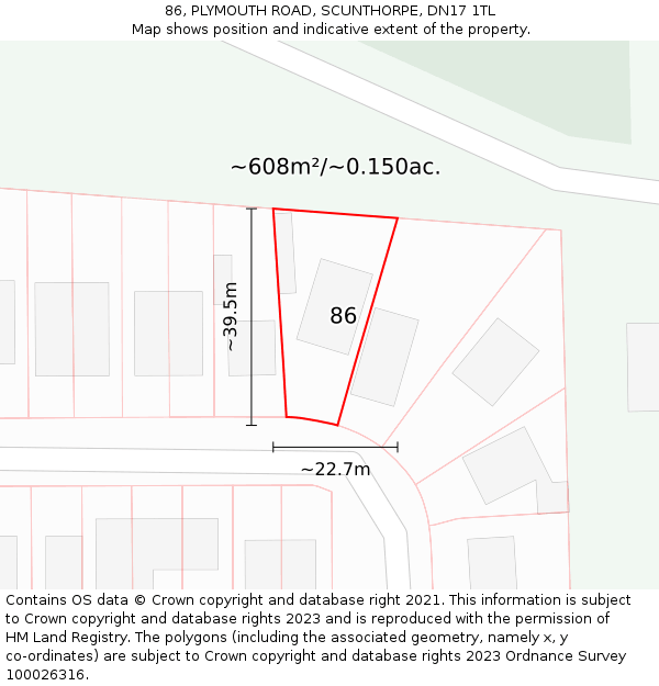 86, PLYMOUTH ROAD, SCUNTHORPE, DN17 1TL: Plot and title map