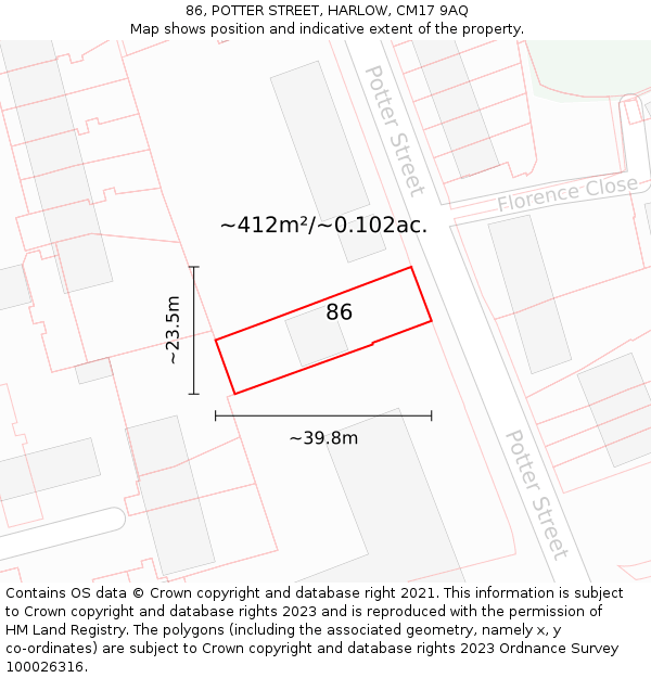 86, POTTER STREET, HARLOW, CM17 9AQ: Plot and title map