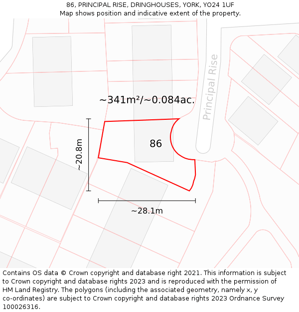 86, PRINCIPAL RISE, DRINGHOUSES, YORK, YO24 1UF: Plot and title map