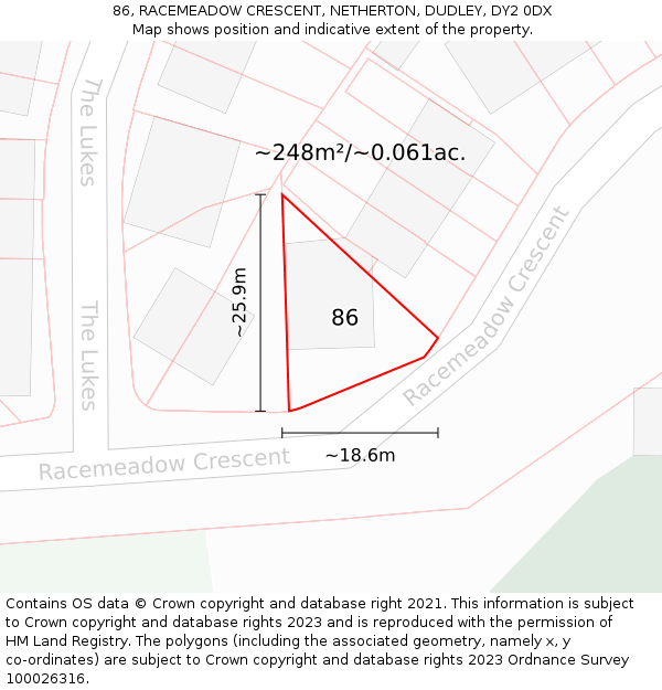 86, RACEMEADOW CRESCENT, NETHERTON, DUDLEY, DY2 0DX: Plot and title map