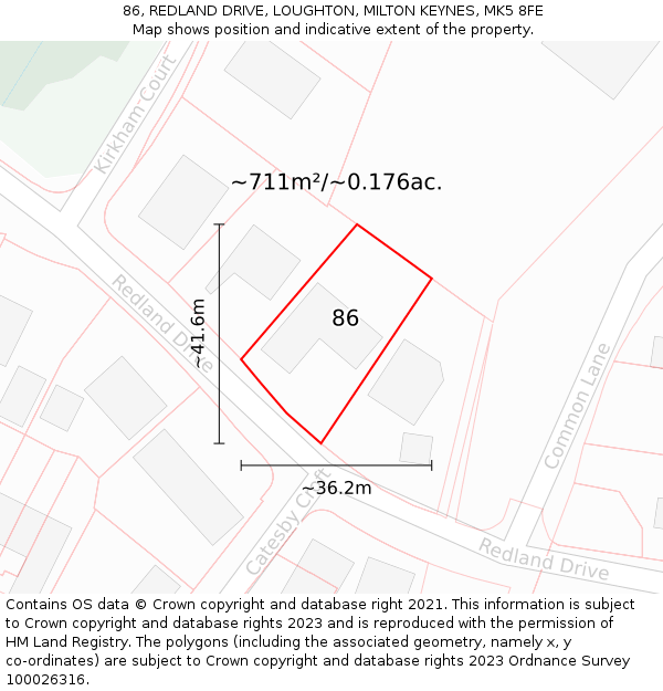 86, REDLAND DRIVE, LOUGHTON, MILTON KEYNES, MK5 8FE: Plot and title map