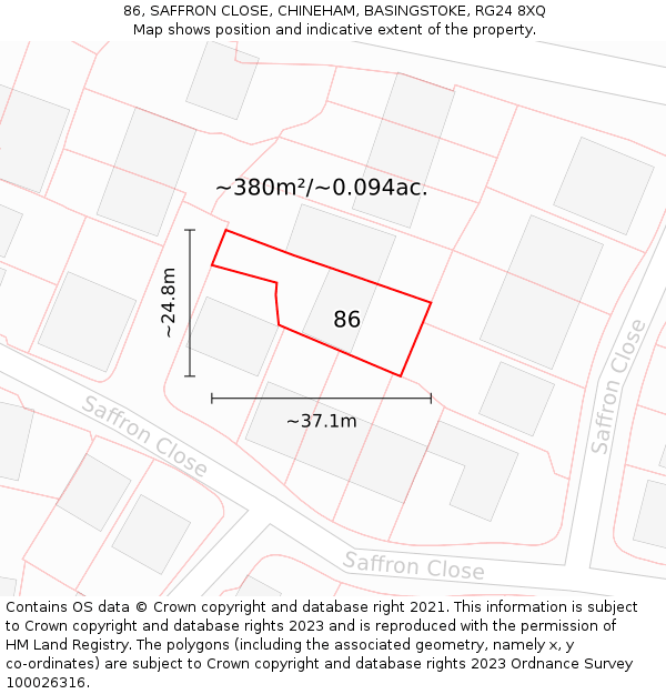 86, SAFFRON CLOSE, CHINEHAM, BASINGSTOKE, RG24 8XQ: Plot and title map