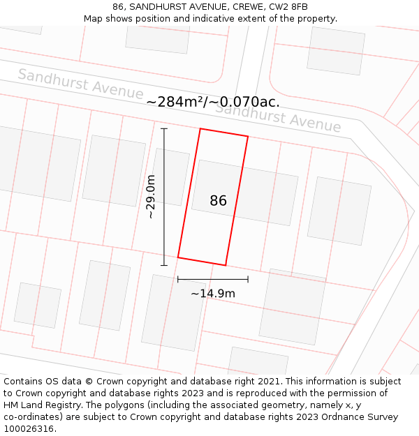 86, SANDHURST AVENUE, CREWE, CW2 8FB: Plot and title map