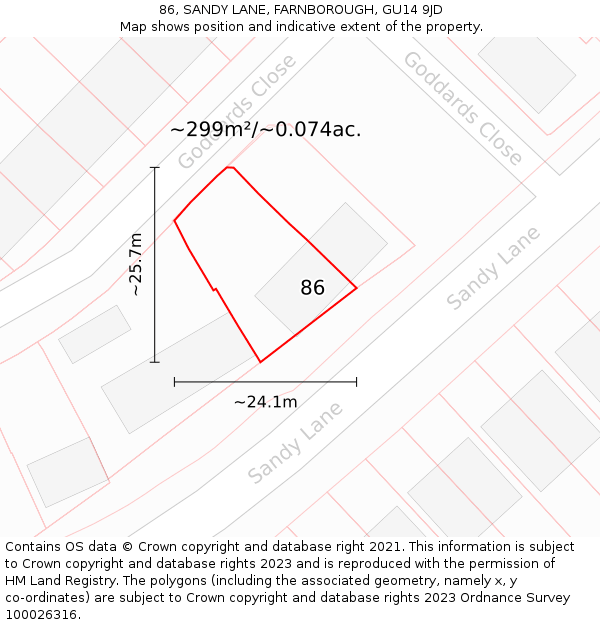 86, SANDY LANE, FARNBOROUGH, GU14 9JD: Plot and title map