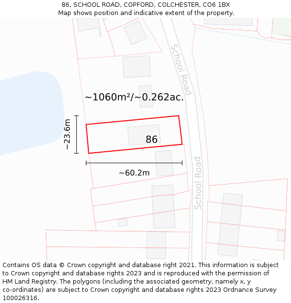 86, SCHOOL ROAD, COPFORD, COLCHESTER, CO6 1BX: Plot and title map