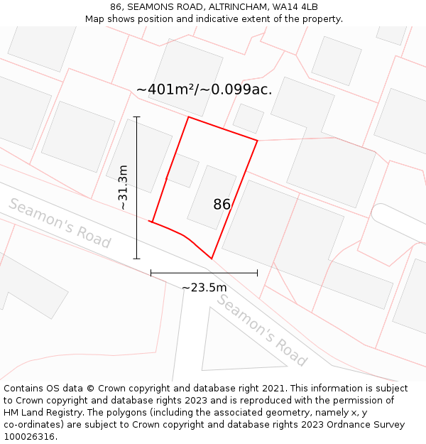 86, SEAMONS ROAD, ALTRINCHAM, WA14 4LB: Plot and title map