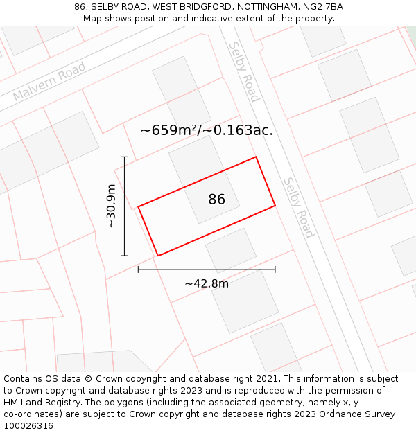 86, SELBY ROAD, WEST BRIDGFORD, NOTTINGHAM, NG2 7BA: Plot and title map