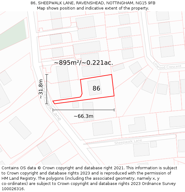 86, SHEEPWALK LANE, RAVENSHEAD, NOTTINGHAM, NG15 9FB: Plot and title map