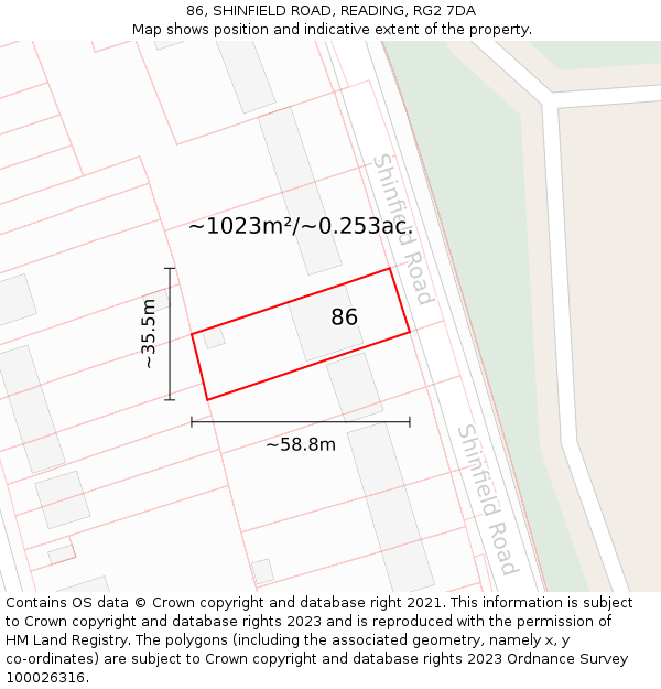 86, SHINFIELD ROAD, READING, RG2 7DA: Plot and title map