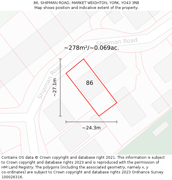 86, SHIPMAN ROAD, MARKET WEIGHTON, YORK, YO43 3RB: Plot and title map