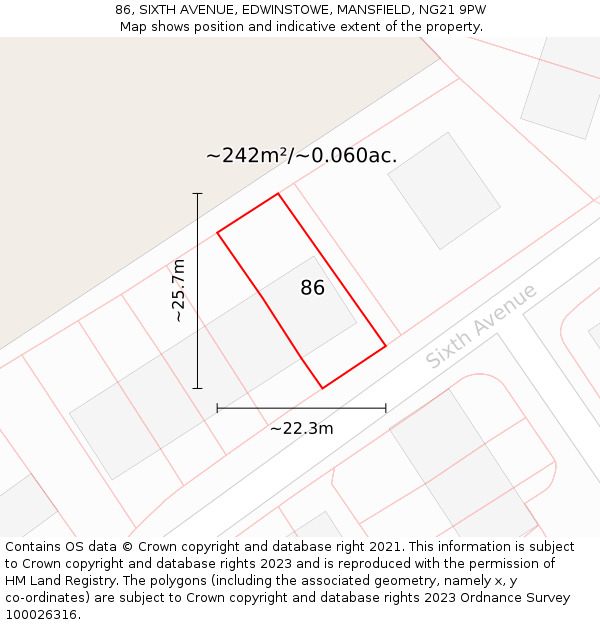 86, SIXTH AVENUE, EDWINSTOWE, MANSFIELD, NG21 9PW: Plot and title map