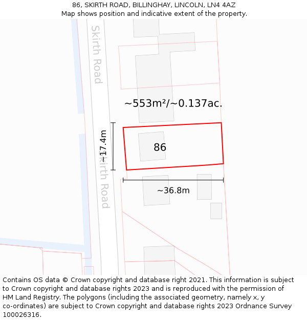 86, SKIRTH ROAD, BILLINGHAY, LINCOLN, LN4 4AZ: Plot and title map