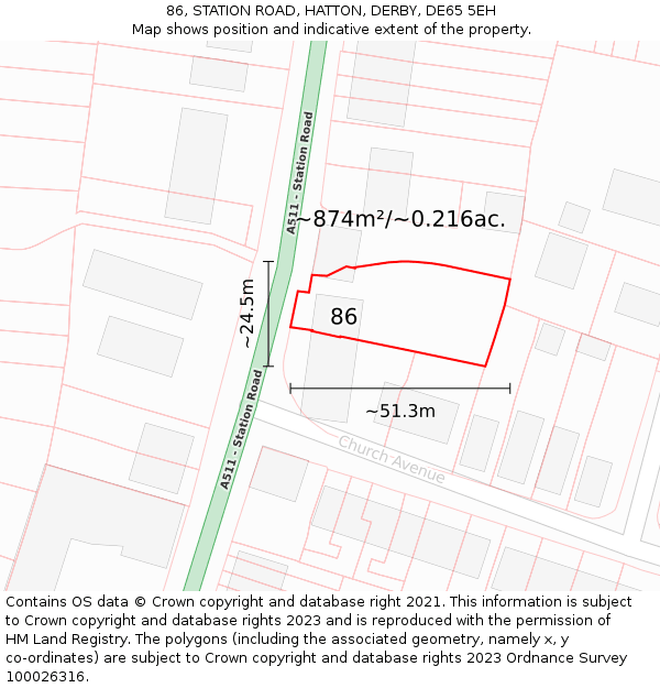 86, STATION ROAD, HATTON, DERBY, DE65 5EH: Plot and title map